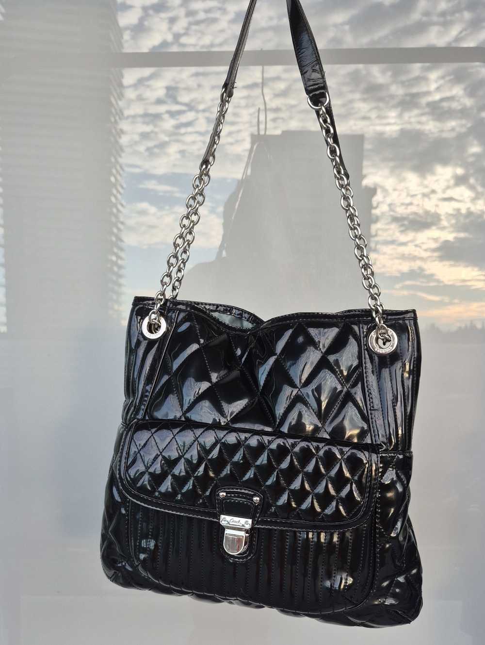 Coach POPPY LIQUID glosss.. Black Quilted Patent Shoulder Bag with Silver Chain